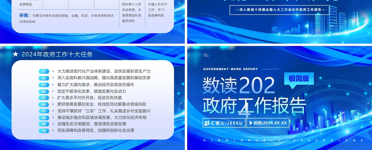 蓝色数读2024政府工作报告极简版PPT模板