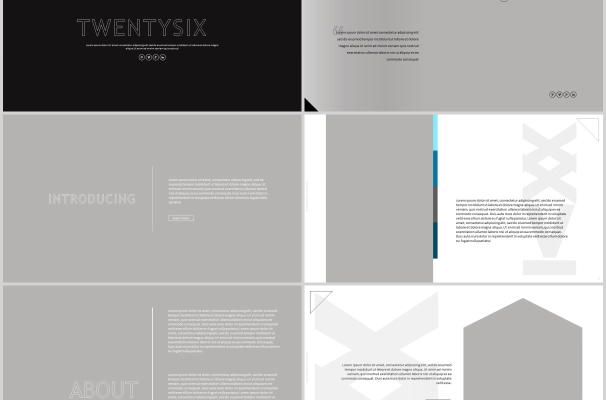 黑白商务图片排版版式设计项目展示计划PPT模板twentysix powerpoint - bluegrey