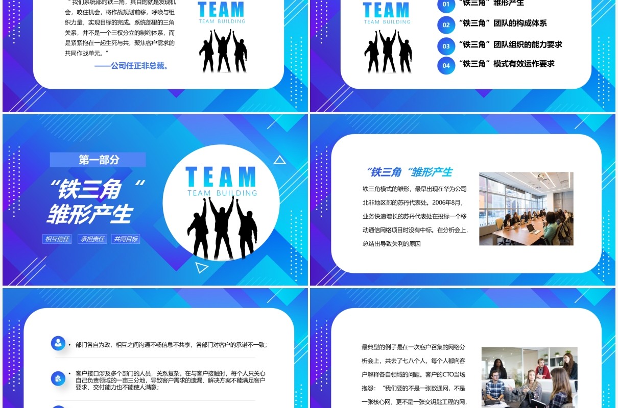 蓝色渐变简约商务企业员工培训课件铁三角团队建设模式PPT模板
