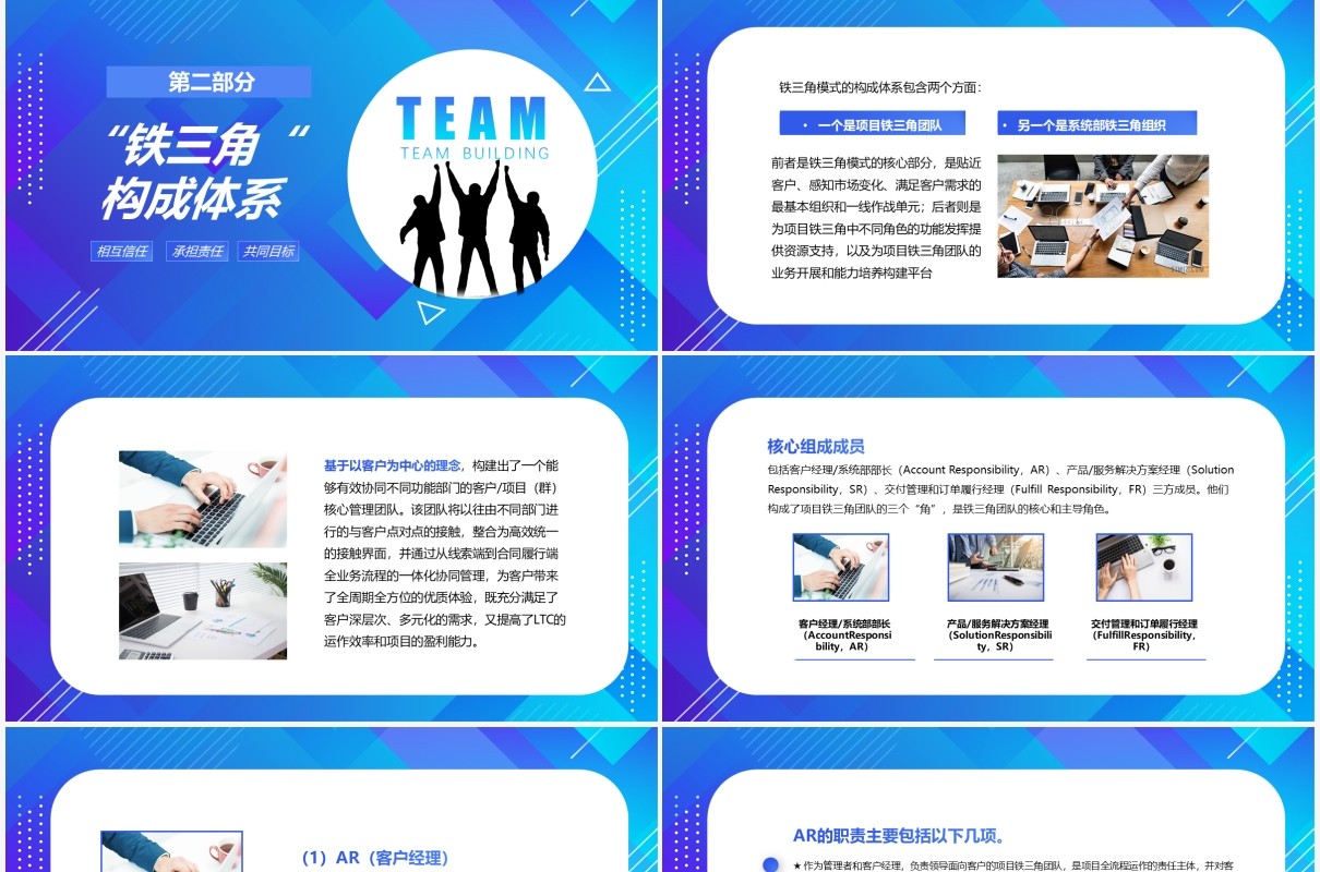 蓝色渐变简约商务企业员工培训课件铁三角团队建设模式PPT模板