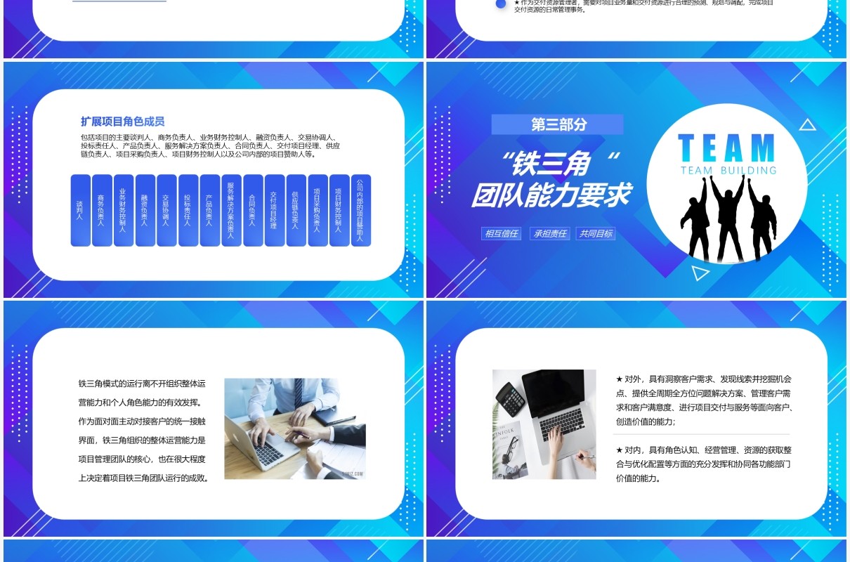蓝色渐变简约商务企业员工培训课件铁三角团队建设模式PPT模板