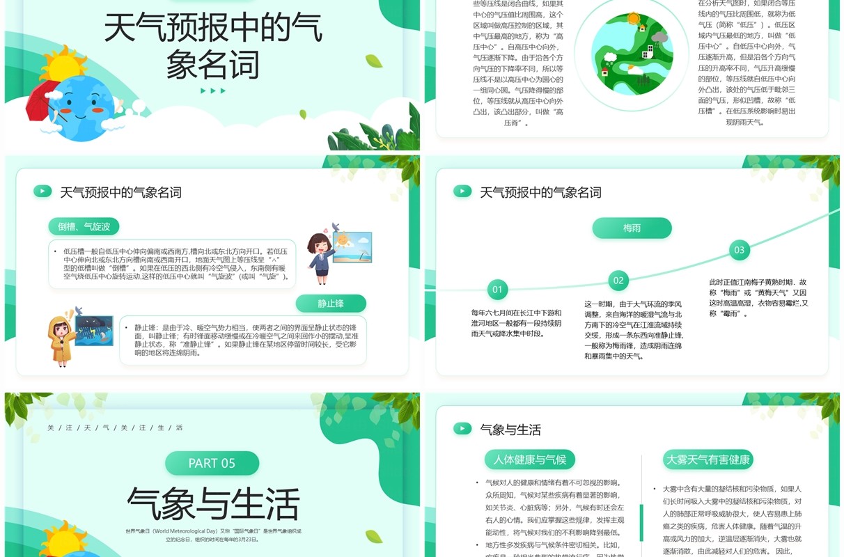 绿色卡通风世界气象日主题班会PPT模板