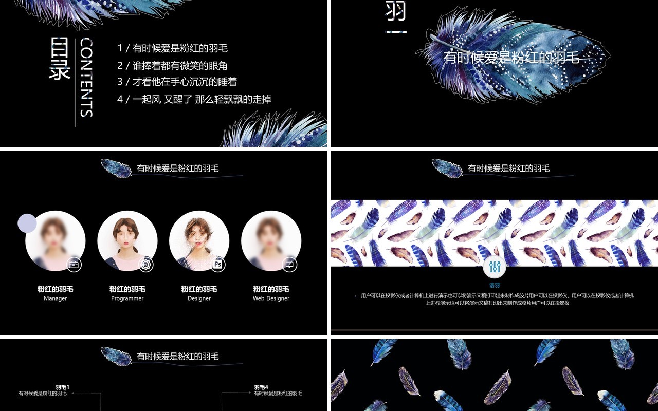 创意羽毛黑色工作通用PPT模板