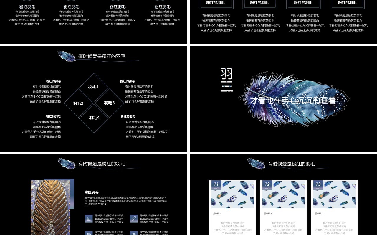 创意羽毛黑色工作通用PPT模板