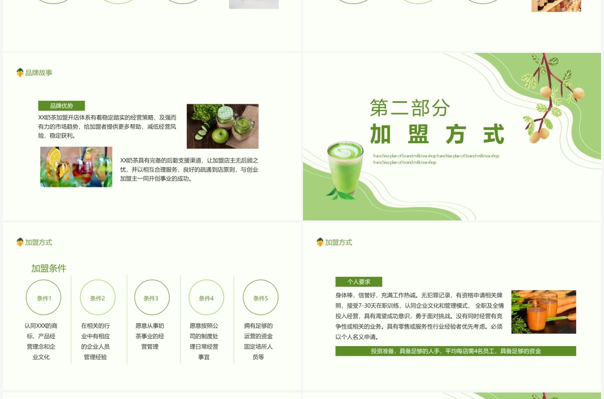 绿色小清新品牌奶茶店加盟计划书动态PPT模板
