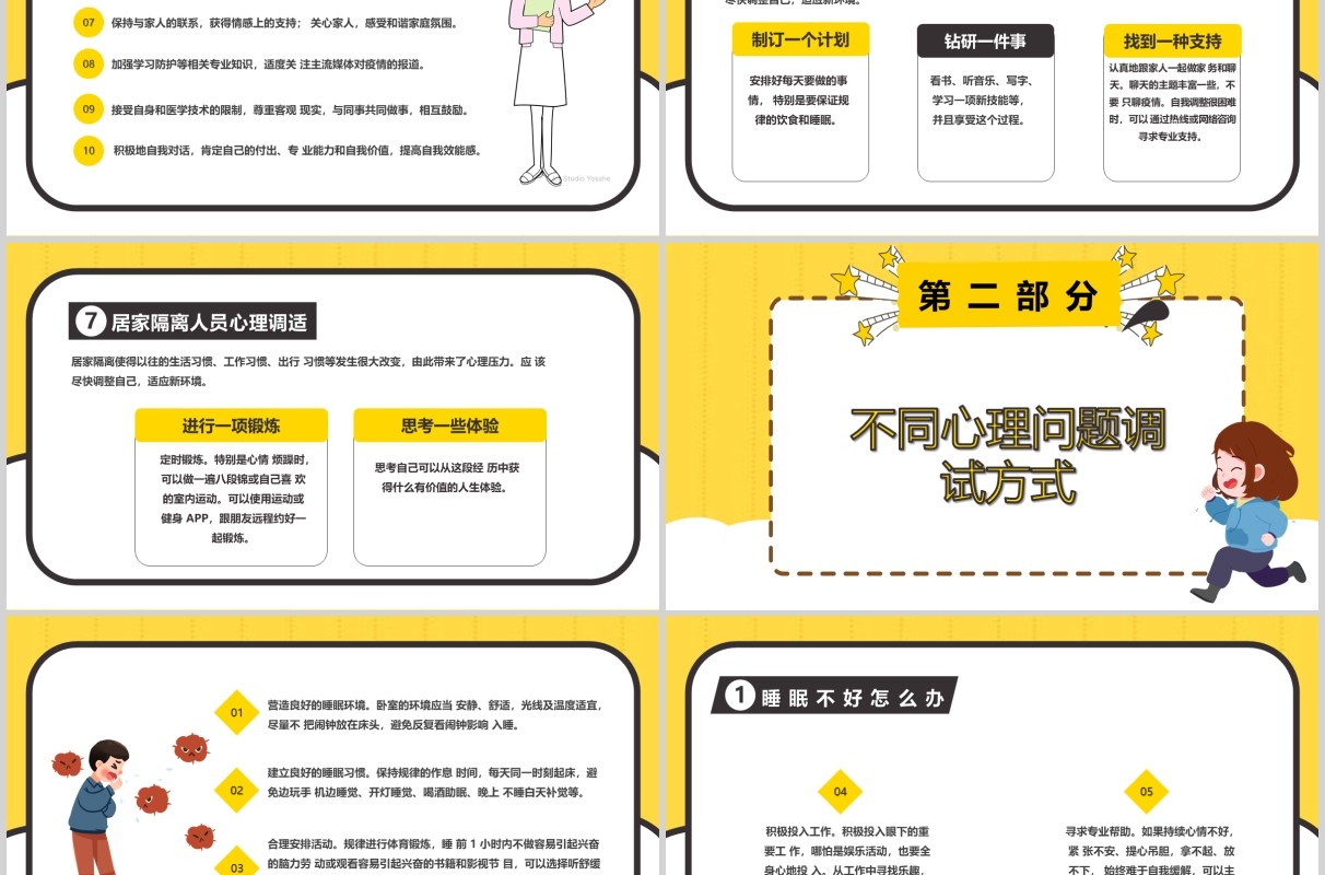 黄色应对新型冠状病毒肺炎疫情心理调适指南心理防护调节PPT模板课件