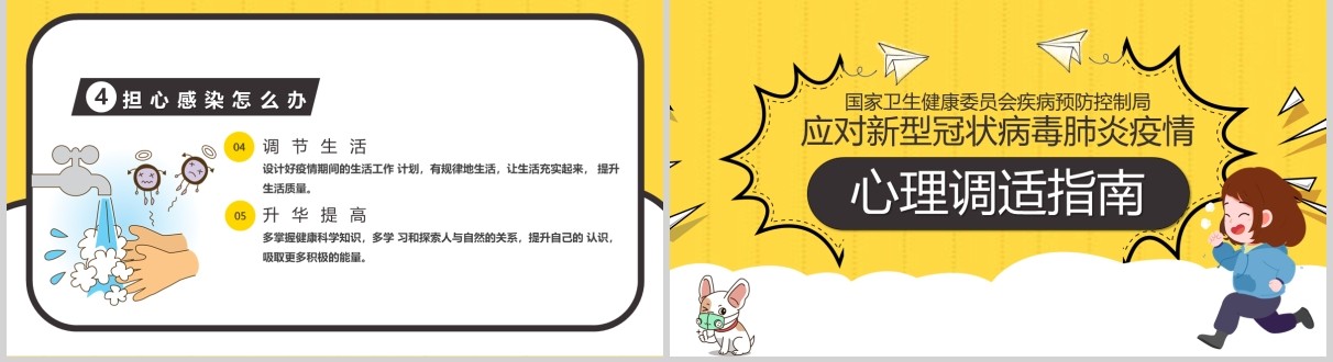 黄色应对新型冠状病毒肺炎疫情心理调适指南心理防护调节PPT模板课件