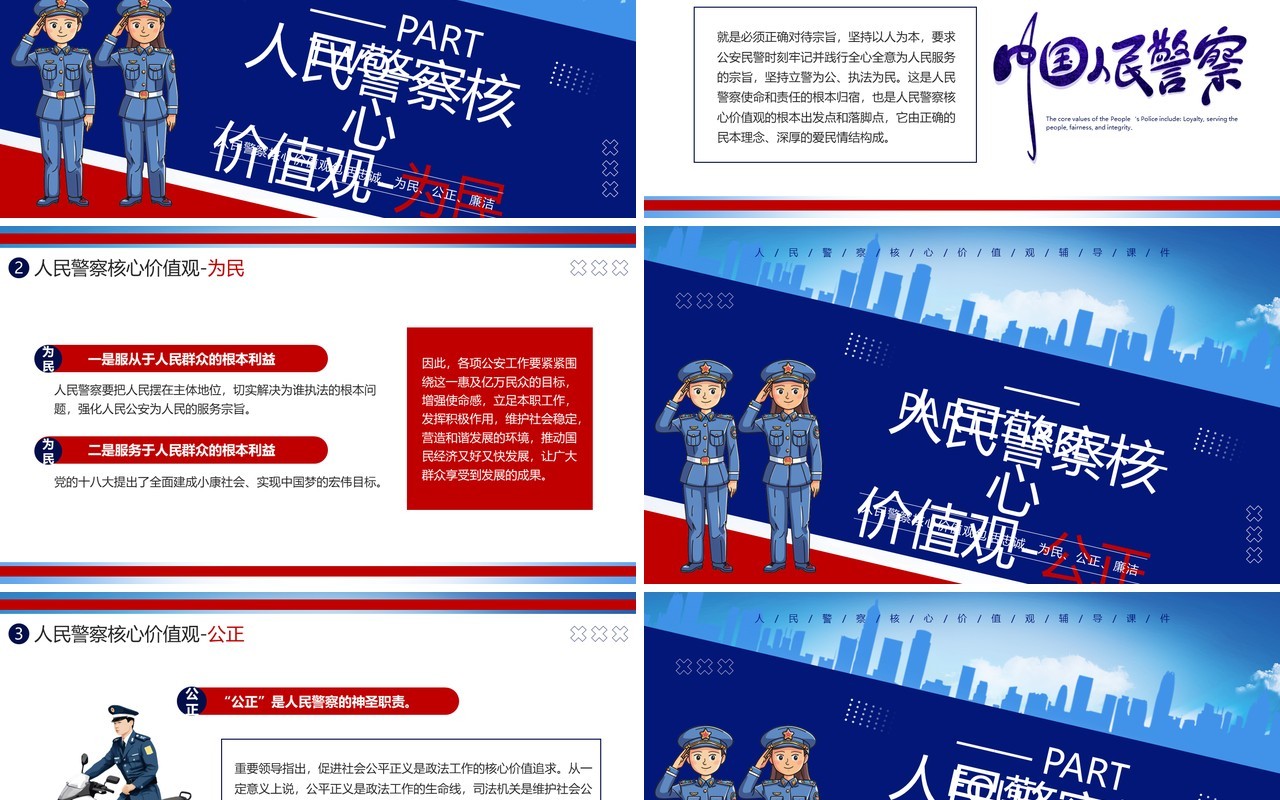 蓝色简约风人民警察核心价值观PPT模板