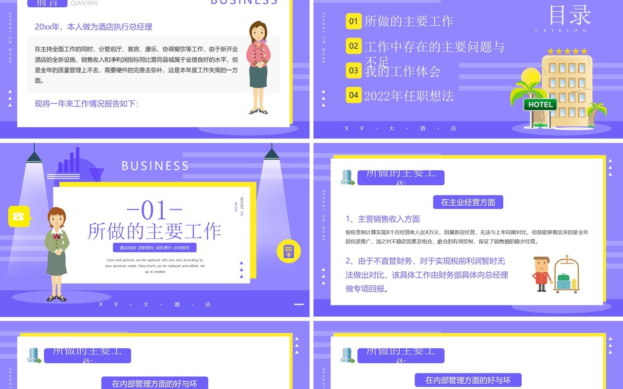 紫色插画风酒店经理述职汇报年终总结PPT模板