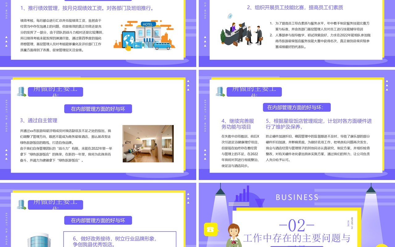 紫色插画风酒店经理述职汇报年终总结PPT模板