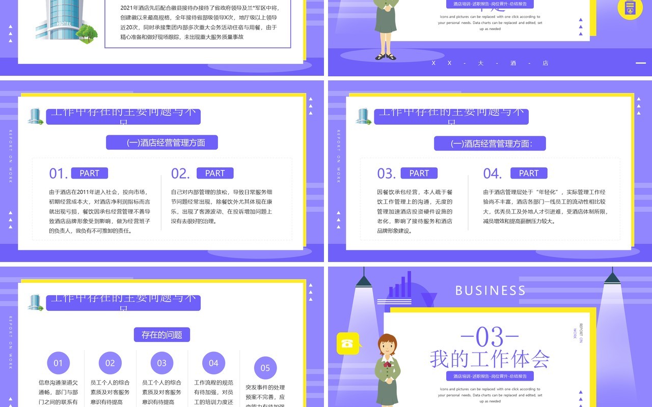 紫色插画风酒店经理述职汇报年终总结PPT模板