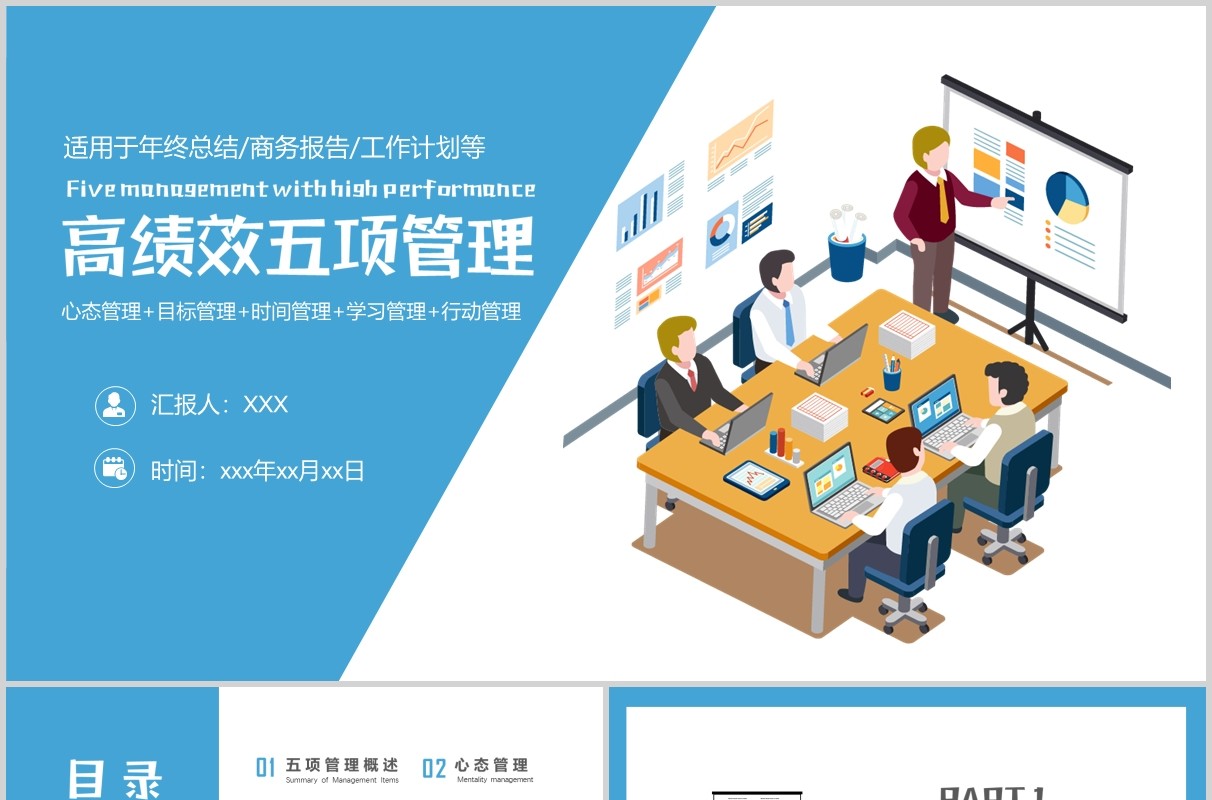 蓝色商务高绩效五项管理员工培训PPT模板