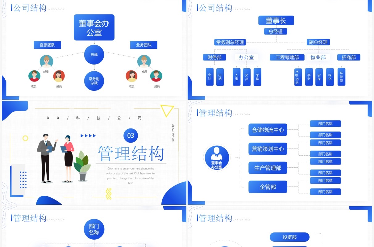 蓝色插画商务风公司组织架构图介绍PPT模板