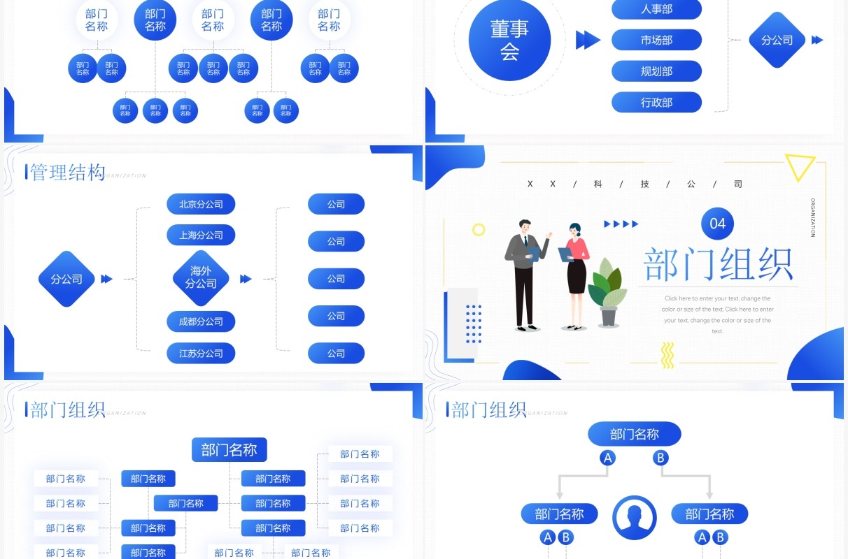 蓝色插画商务风公司组织架构图介绍PPT模板