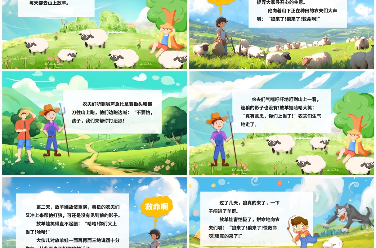绿色卡通风寓言故事绘本狼来了PPT模板