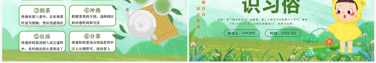 绿色清新卡通风知谷雨识习俗PPT模板