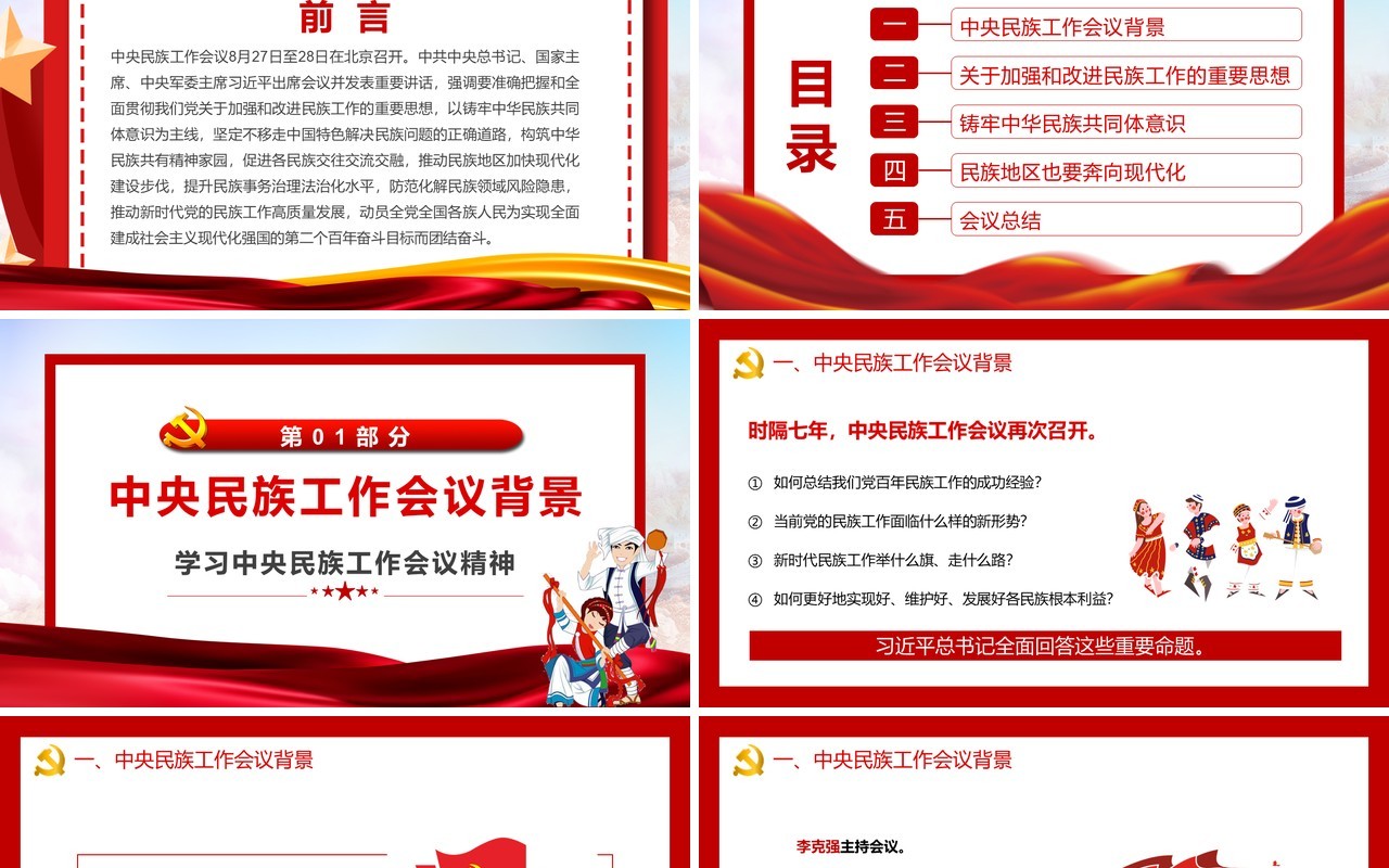 红色简约学习中央民族工作会议精神PPT模板