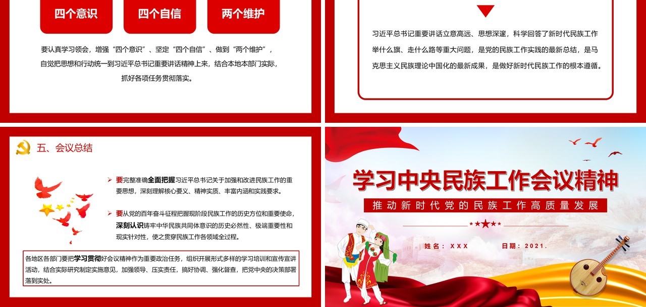 红色简约学习中央民族工作会议精神PPT模板