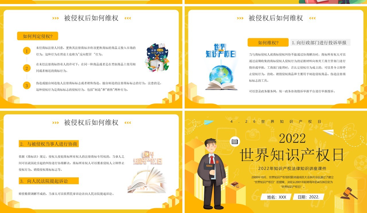 黄色卡通风世界知识产权日PPT模板
