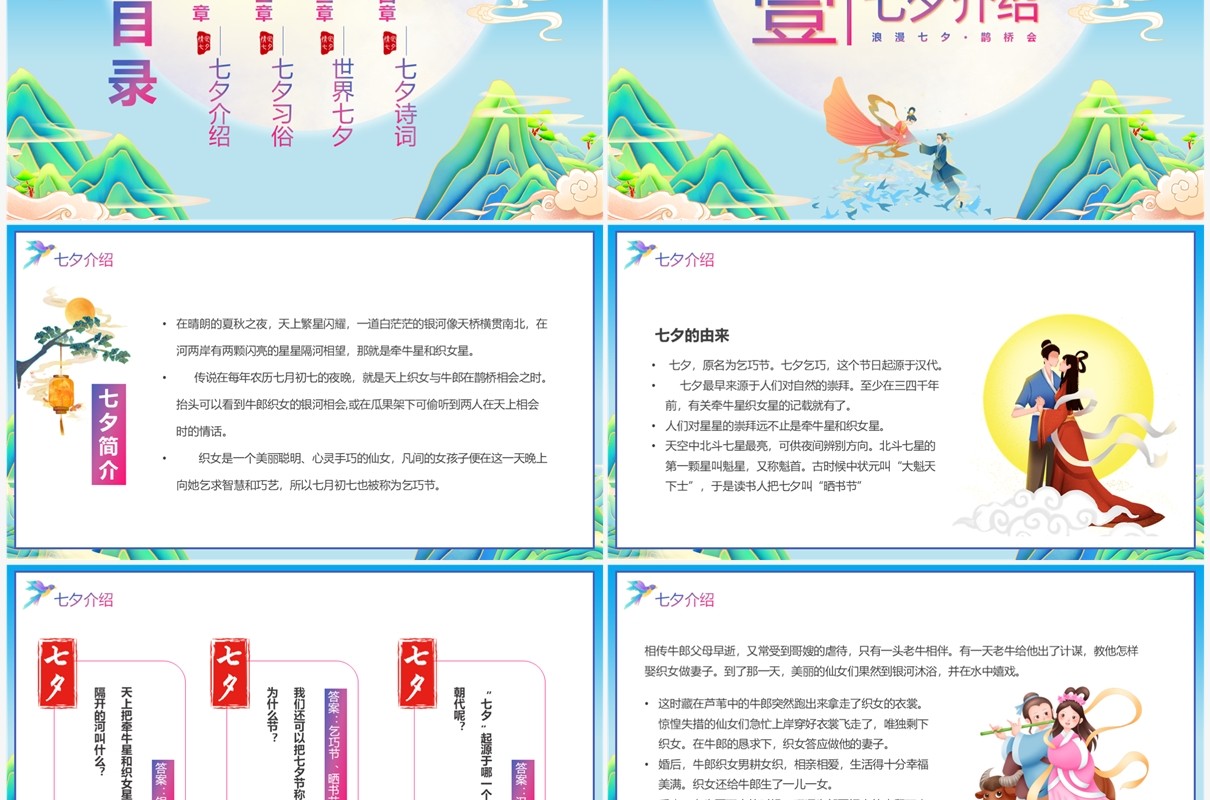 蓝色国潮风浪漫七夕情人节PPT模板