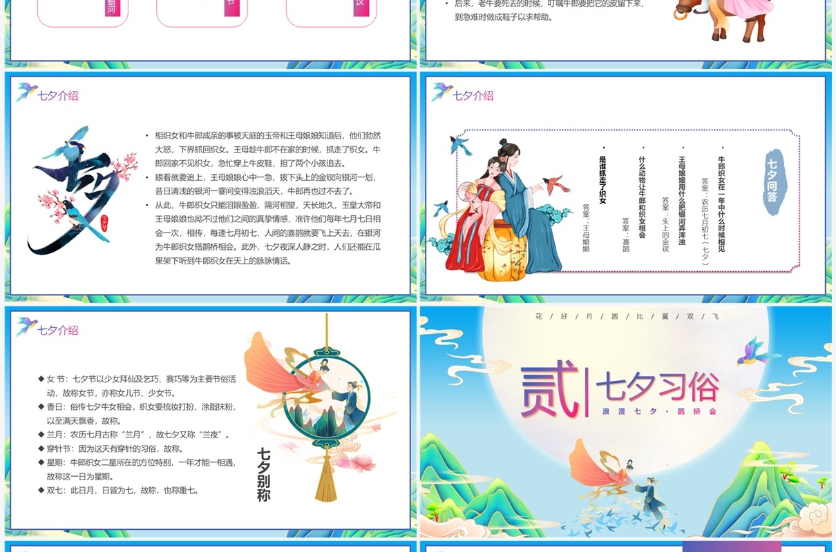 蓝色国潮风浪漫七夕情人节PPT模板