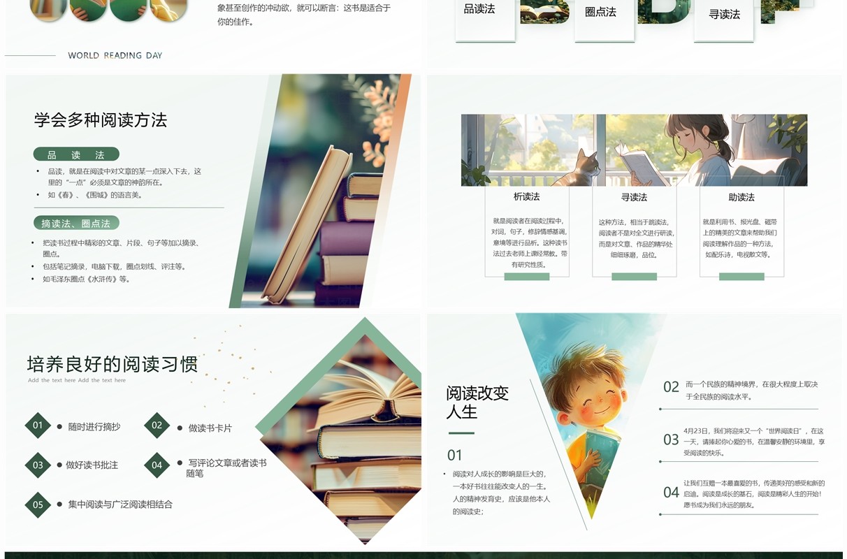 绿色简约风世界读书日介绍PPT模板