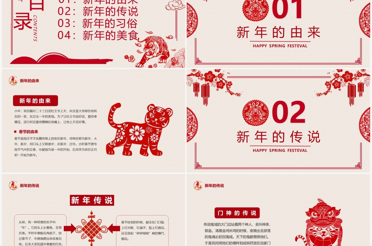 2022恭贺新春虎年介绍剪纸风PPT模板