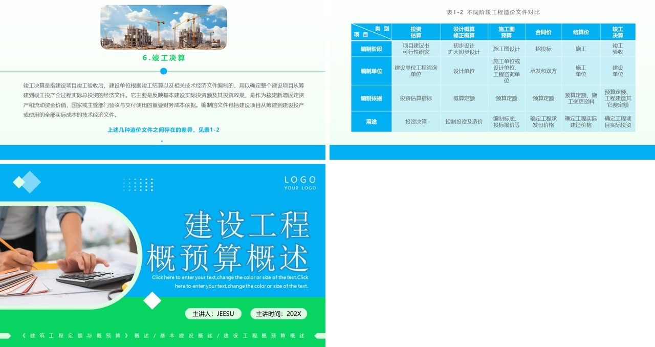 蓝绿简约风建设工程概预算概述PPT模板