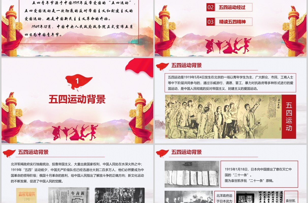 纪念五四运动100周年五四青年主题PPT模板党政党课
