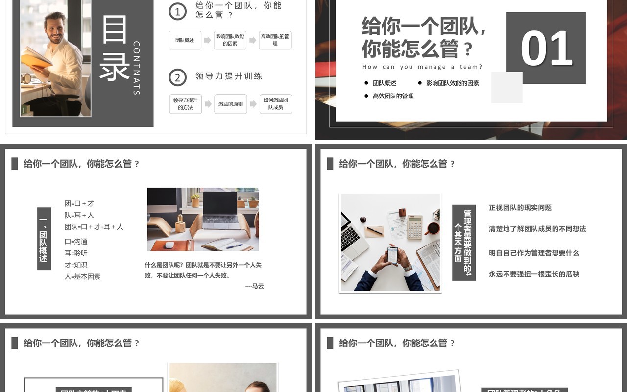 灰色简约风团队管理和领导力修炼PPT模板
