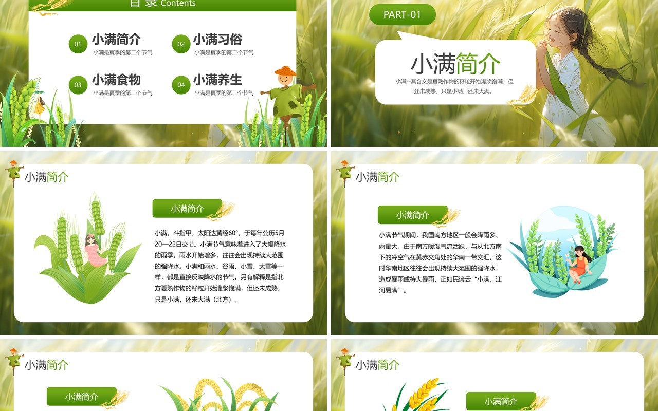 绿色插画风二十四传统小满节气PPT模板