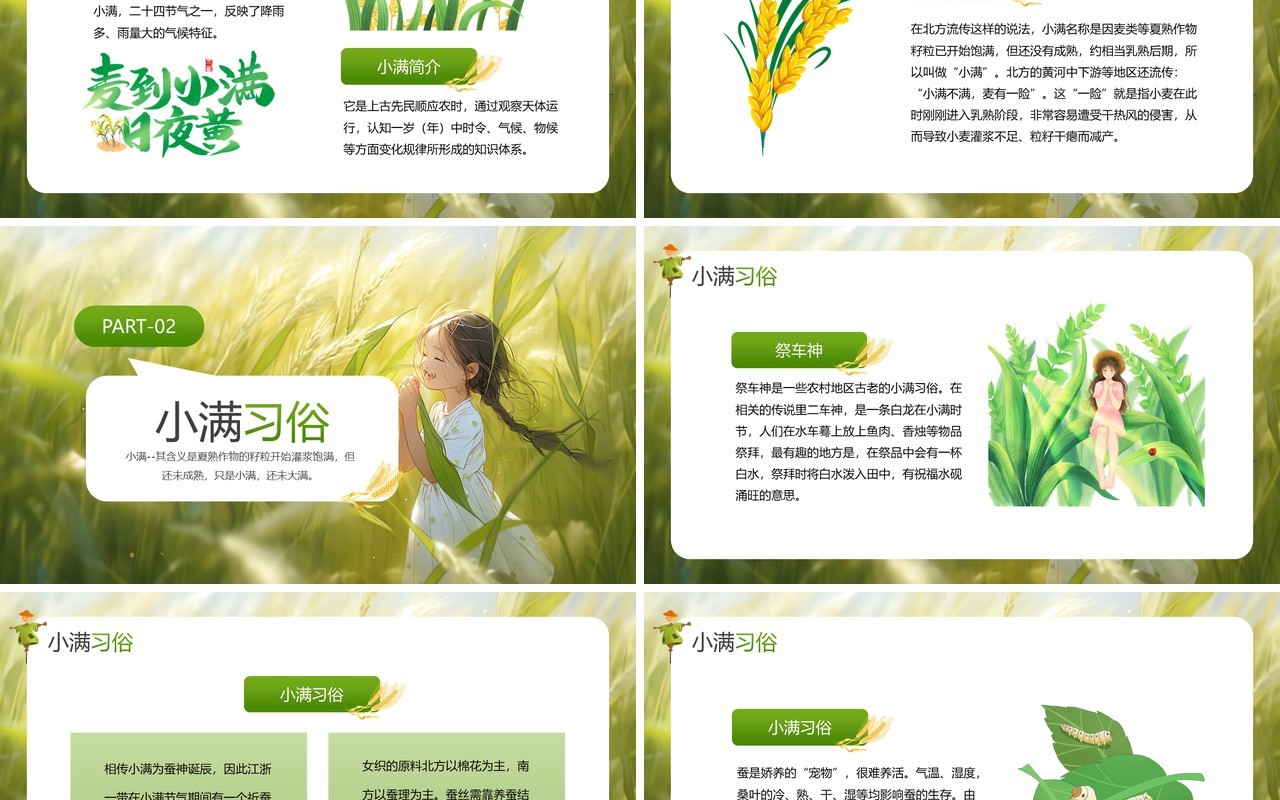 绿色插画风二十四传统小满节气PPT模板