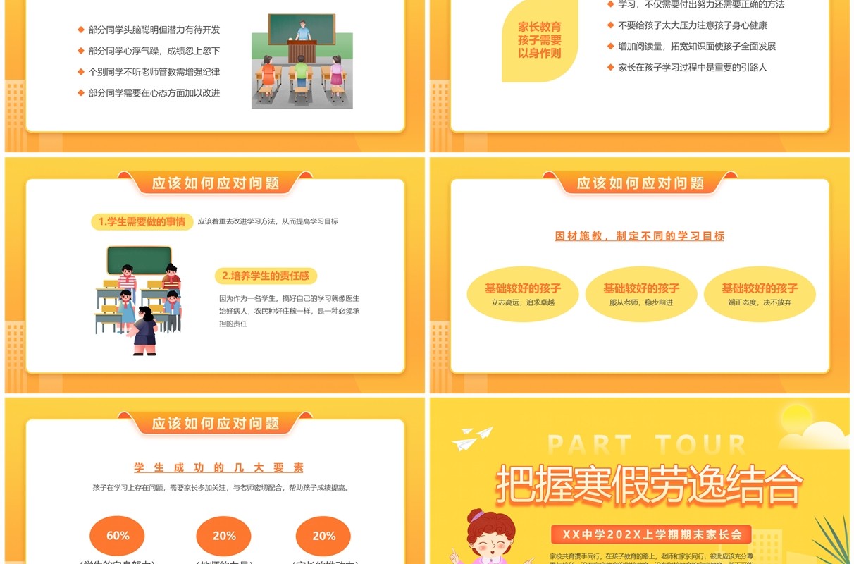 黄色卡通风初中期末家长会PPT模板
