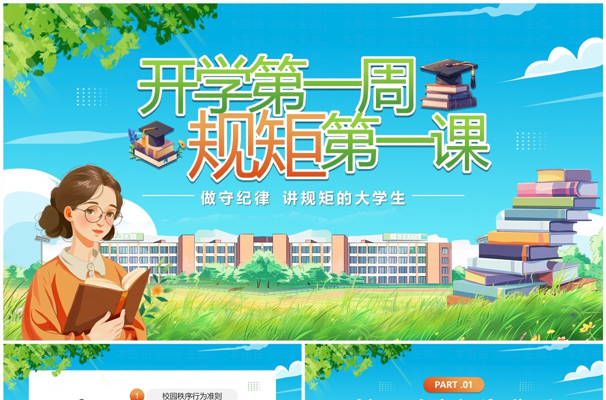 蓝色卡通风大学生开学第一课PPT模板