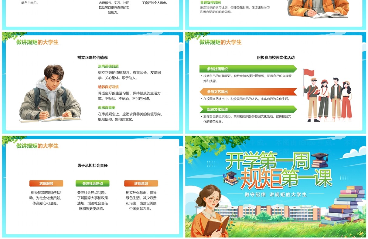 蓝色卡通风大学生开学第一课PPT模板