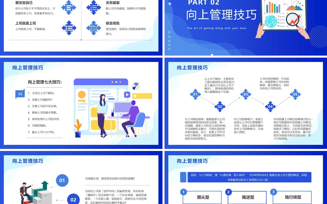 蓝色插画风向上管理公司培训PPT模板