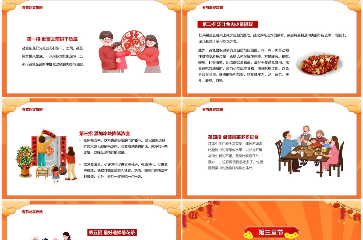 橙色卡通风春节健康饮食搭配PPT模板