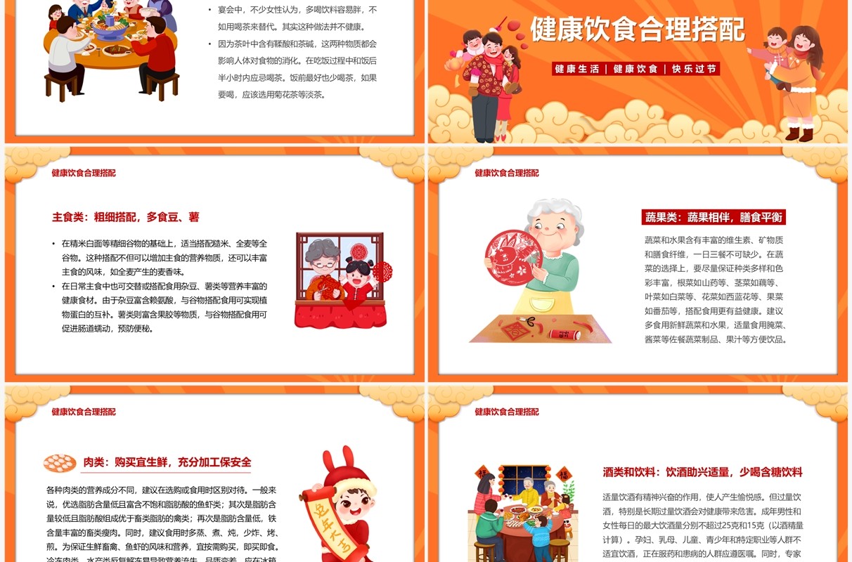 橙色卡通风春节健康饮食搭配PPT模板