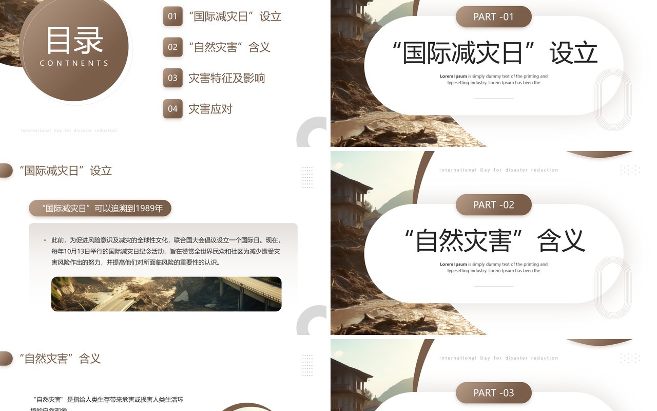 棕色简约风国际减灾日主题介绍PPT模板