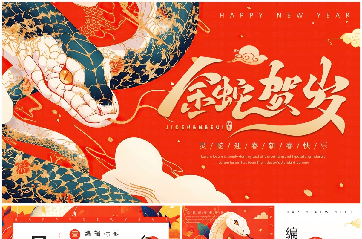 红色插画喜庆风金蛇贺岁PPT通用模板