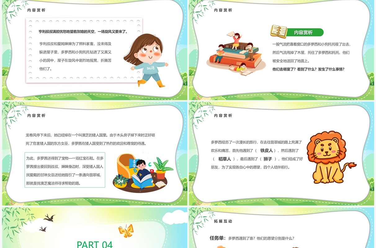 绿色卡通风绿野仙踪读书分享会PPT模板