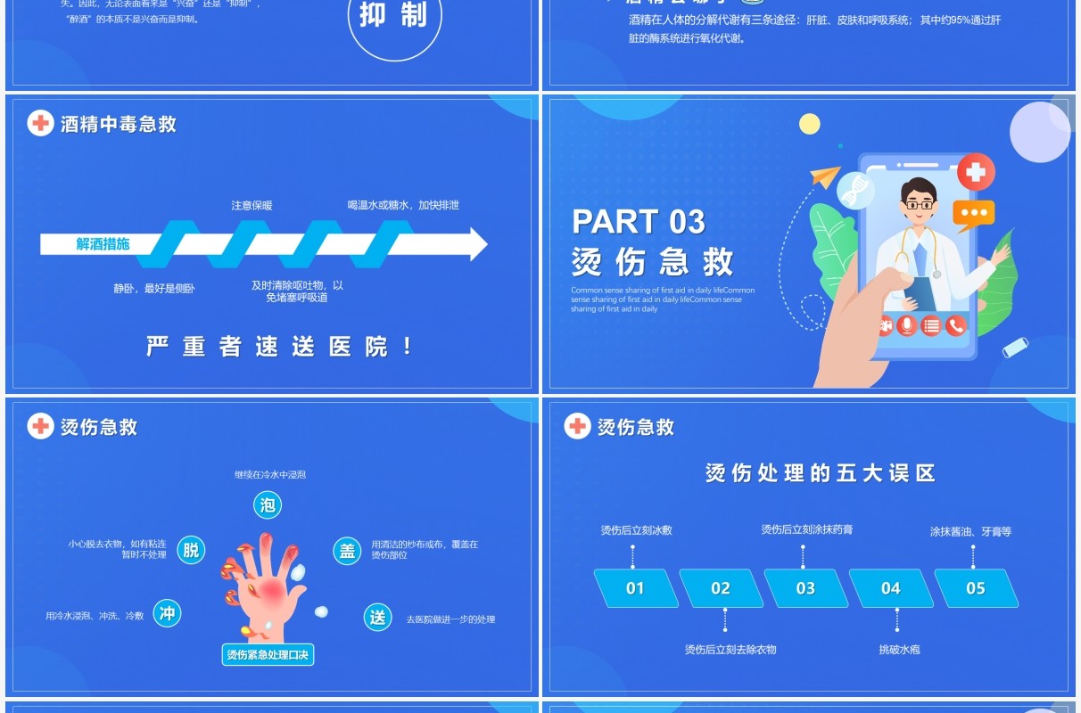 蓝色扁平化日常急救知识培训动态PPT模板