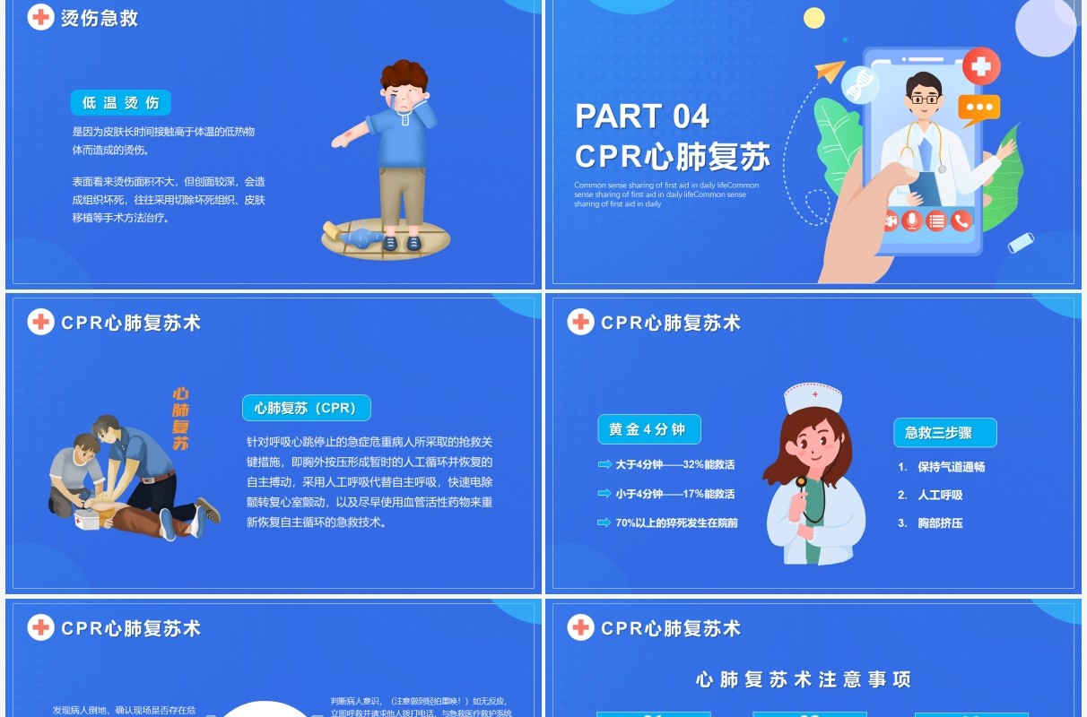 蓝色扁平化日常急救知识培训动态PPT模板