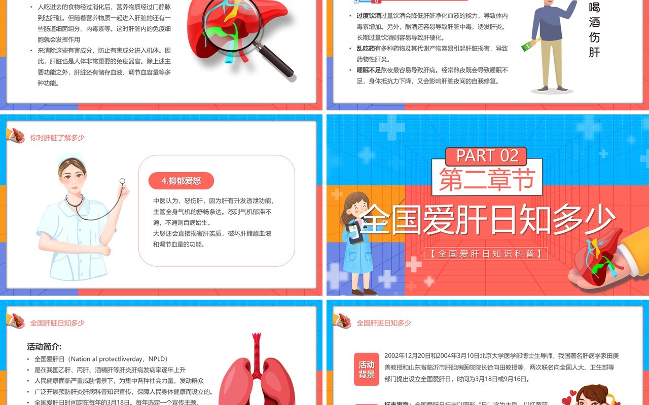 红蓝卡通风全国爱肝日介绍PPT模板