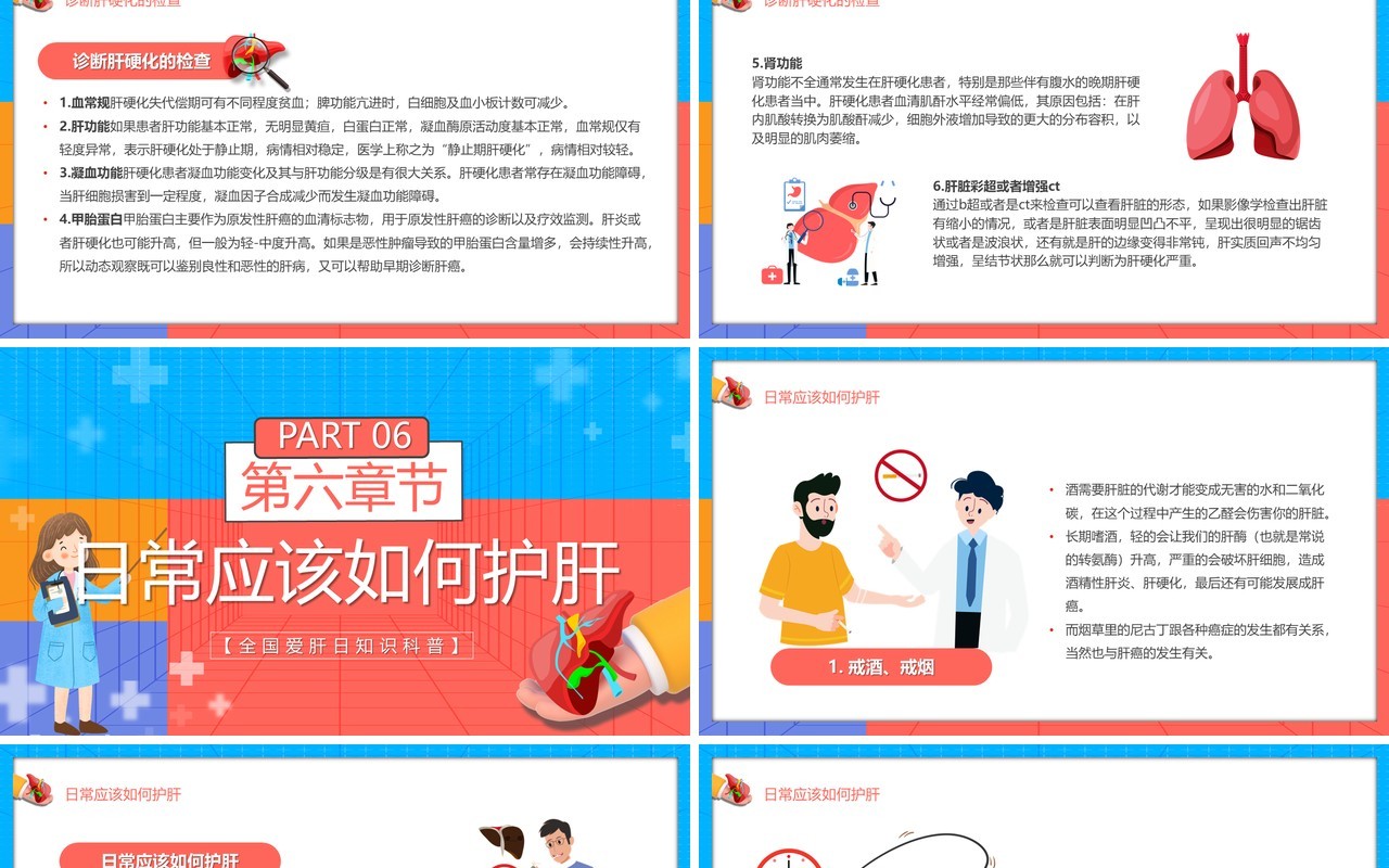 红蓝卡通风全国爱肝日介绍PPT模板
