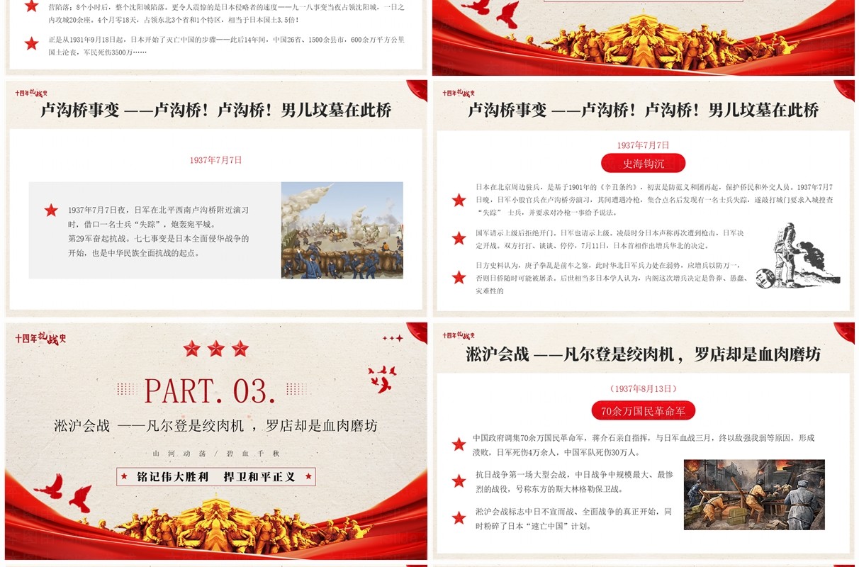 红色简约风十四年抗战历史介绍PPT模板