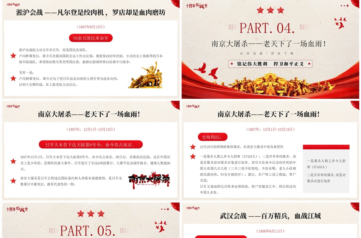 红色简约风十四年抗战历史介绍PPT模板