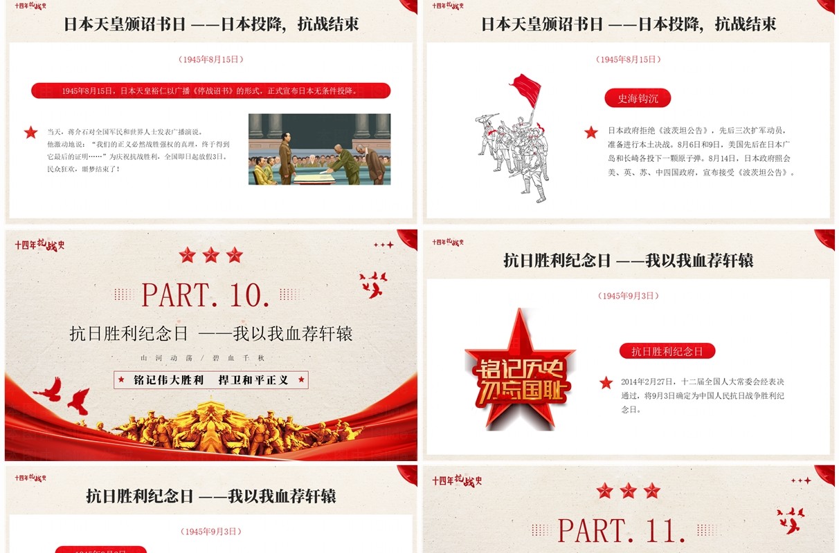 红色简约风十四年抗战历史介绍PPT模板