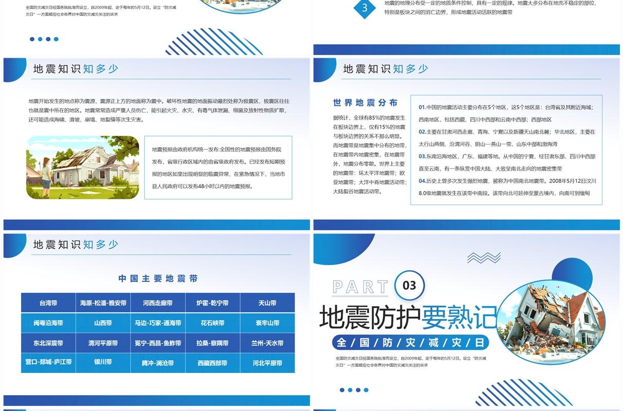 蓝色简约风防震减灾主题班会PPT模板