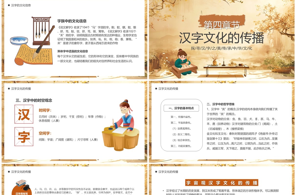 黄色古典中国风汉字与中国文化PPT模板